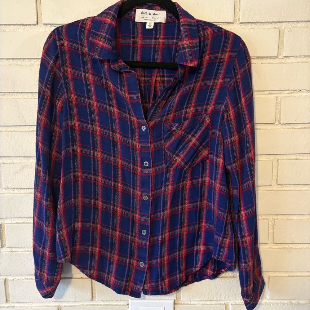 Anthropologie Cloth & Stone Navy and Red Plaid Shirt | Size Small
